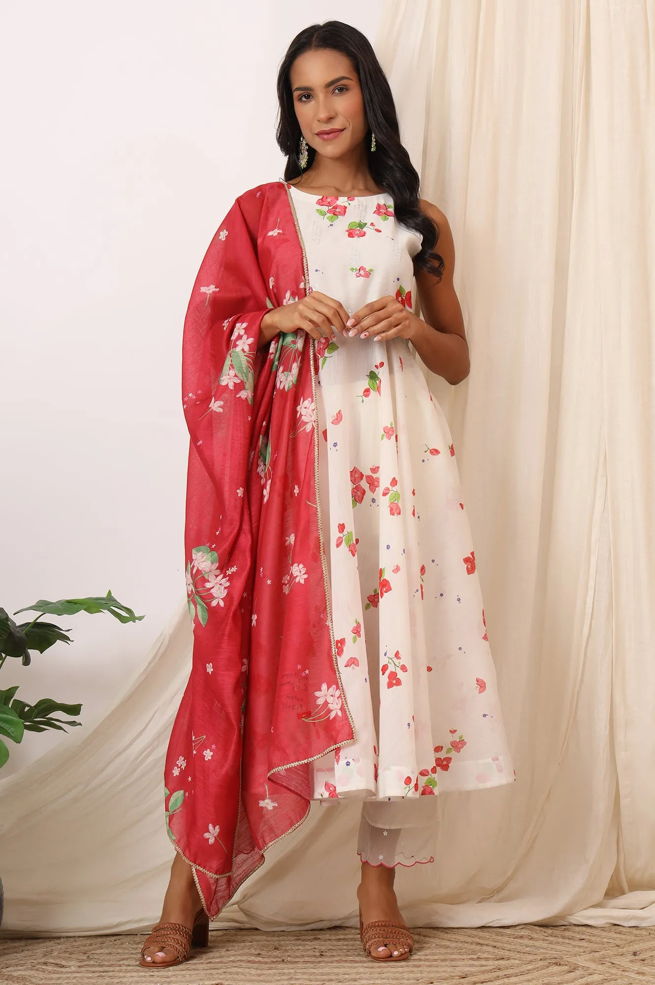 White Bold Floral Printed Sleeveless Chanderi Anarkali Kurta with Pants and Red Printed Dupatta Set