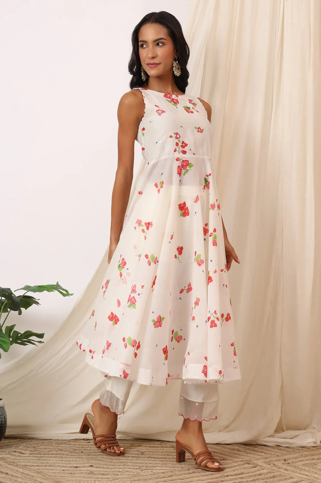 White Bold Floral Printed Sleeveless Chanderi Anarkali Kurta with Pants and Red Printed Dupatta Set