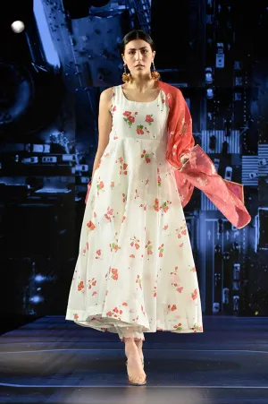 White Bold Floral Printed Sleeveless Chanderi Anarkali Kurta with Pants and Red Printed Dupatta Set White Bold Floral Printed Sleeveless Chanderi Anarkali Kurta with Pants and Red Printed Dupatta Set