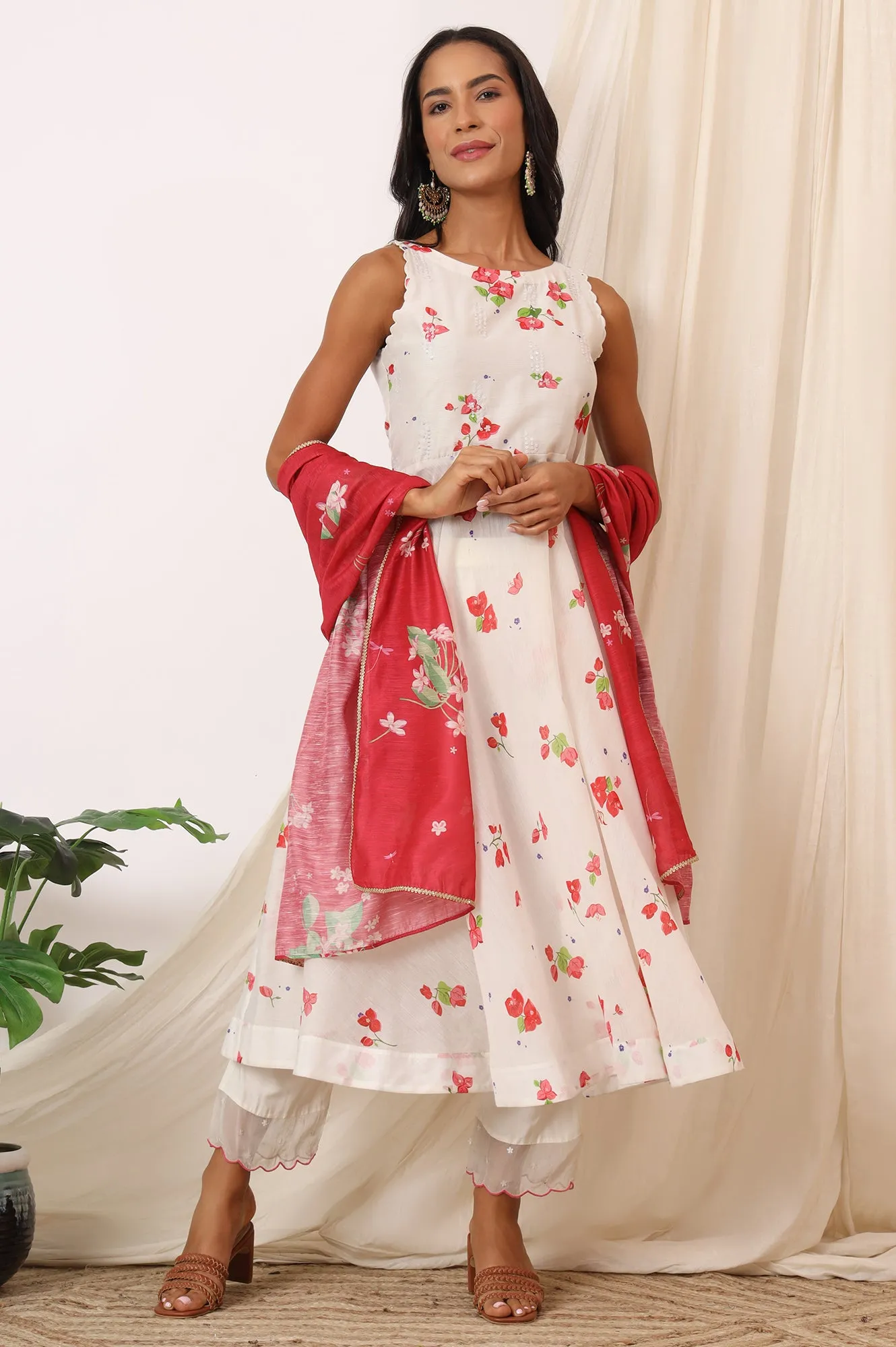 White Bold Floral Printed Sleeveless Chanderi Anarkali Kurta with Pants and Red Printed Dupatta Set