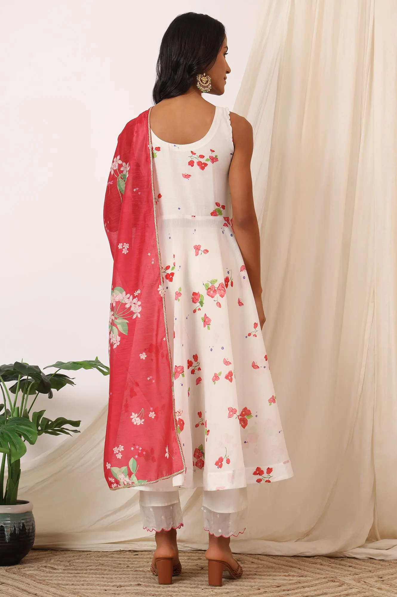 White Bold Floral Printed Sleeveless Chanderi Anarkali Kurta with Pants and Red Printed Dupatta Set