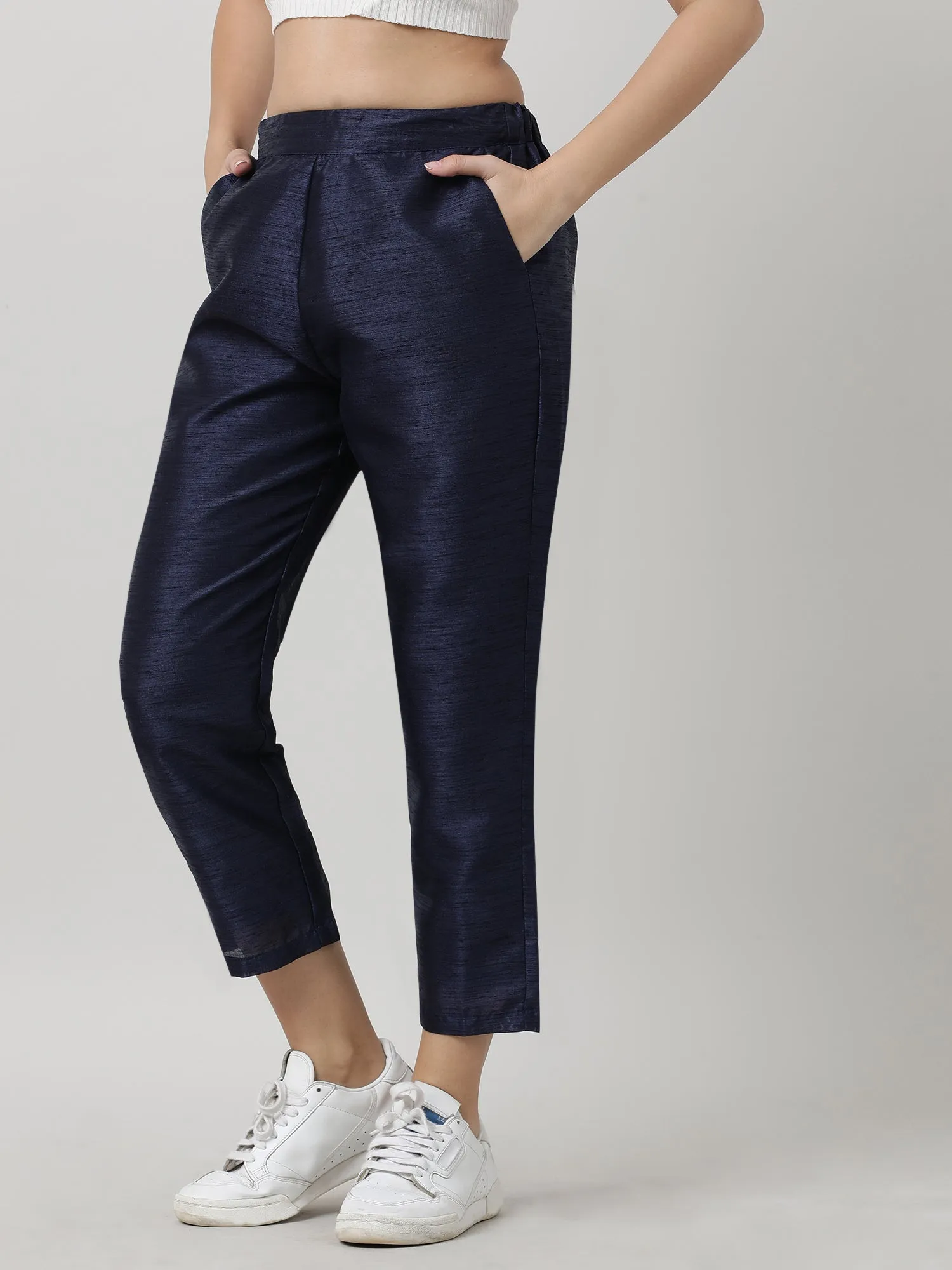 Women Relaxed Fit Navy Ankle Length Pants