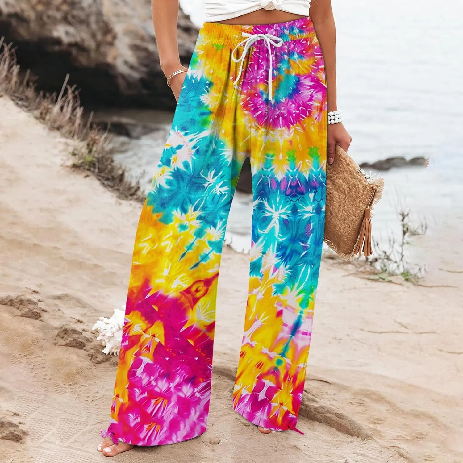 Women's Boho Tropical Print Wide Leg Pants Womens Cotton Casual Loose Pants Comfy Work Casual Wide Leg Long Lounge