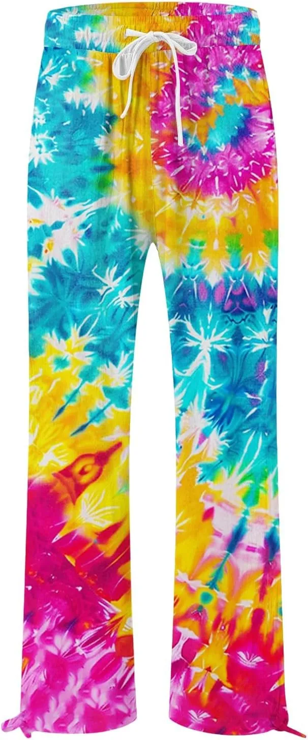 Women's Boho Tropical Print Wide Leg Pants Womens Cotton Casual Loose Pants Comfy Work Casual Wide Leg Long Lounge