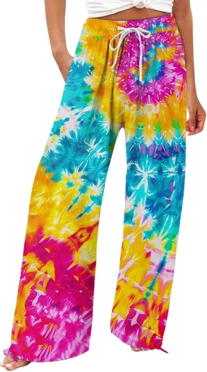 Women's Boho Tropical Print Wide Leg Pants Womens Cotton Casual Loose Pants Comfy Work Casual Wide Leg Long Lounge
