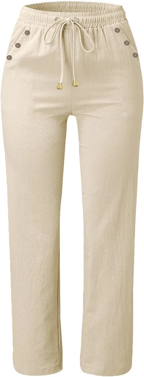 Women's Cotton Linen Summer Casual Loose Pants Low Waist Straight Loose Fit Trousers Trendy
