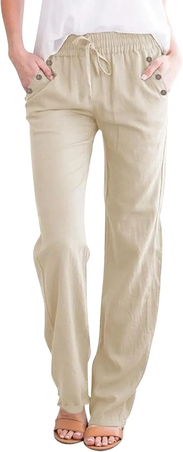Women's Cotton Linen Summer Casual Loose Pants Low Waist Straight Loose Fit Trousers Trendy