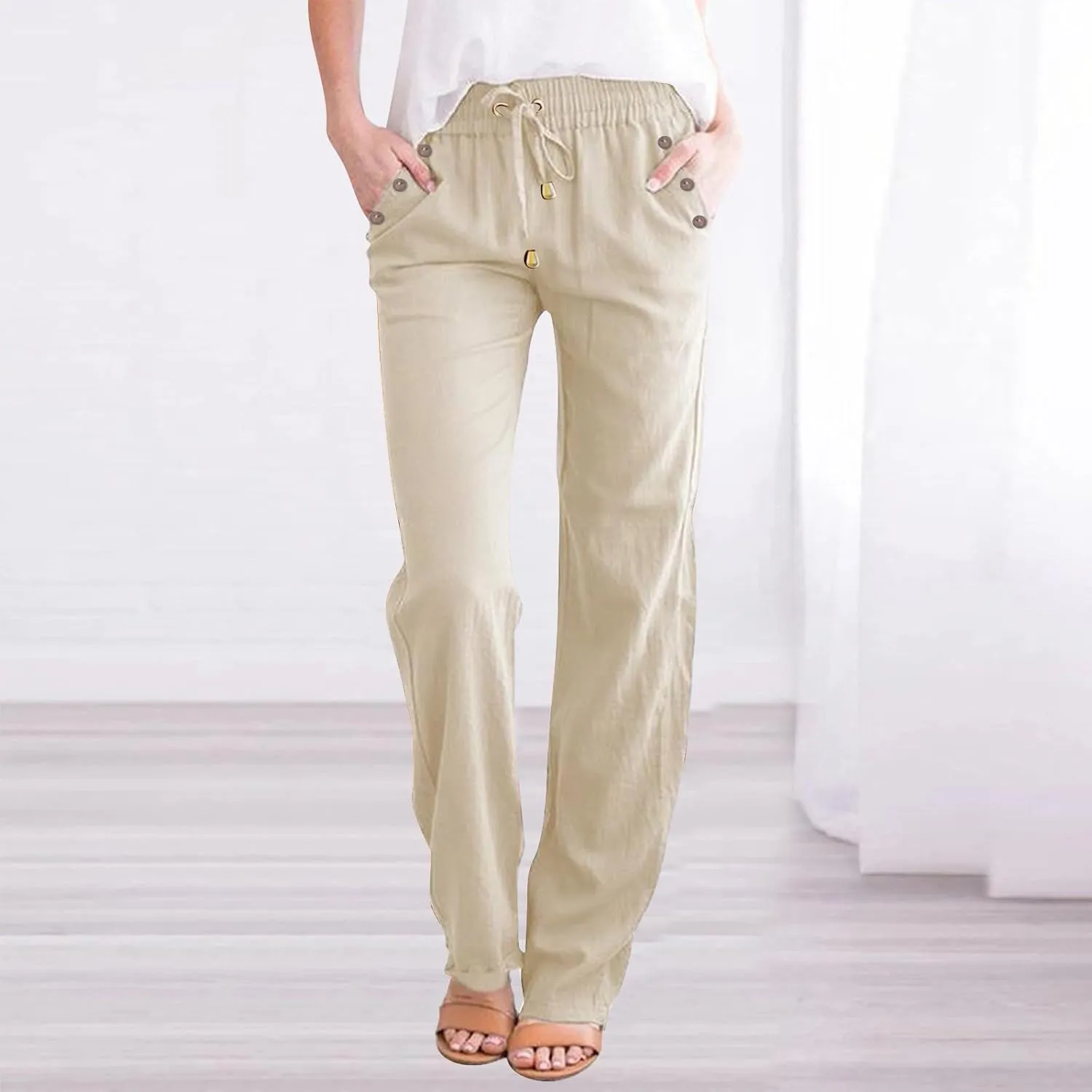 Women's Cotton Linen Summer Casual Loose Pants Low Waist Straight Loose Fit Trousers Trendy