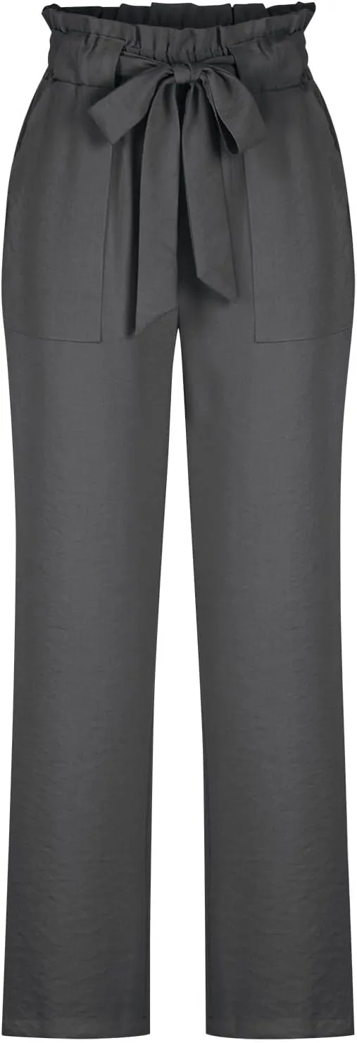 Women's Frill Paper Bag Pants Belted High Waist Straight Leg Trousers Casual Loose Fit Dressy Work Pant with Pockets